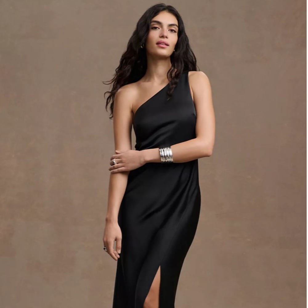 BHLDN Black Dylan One-Shoulder Satin Side-Slit Gown (10)